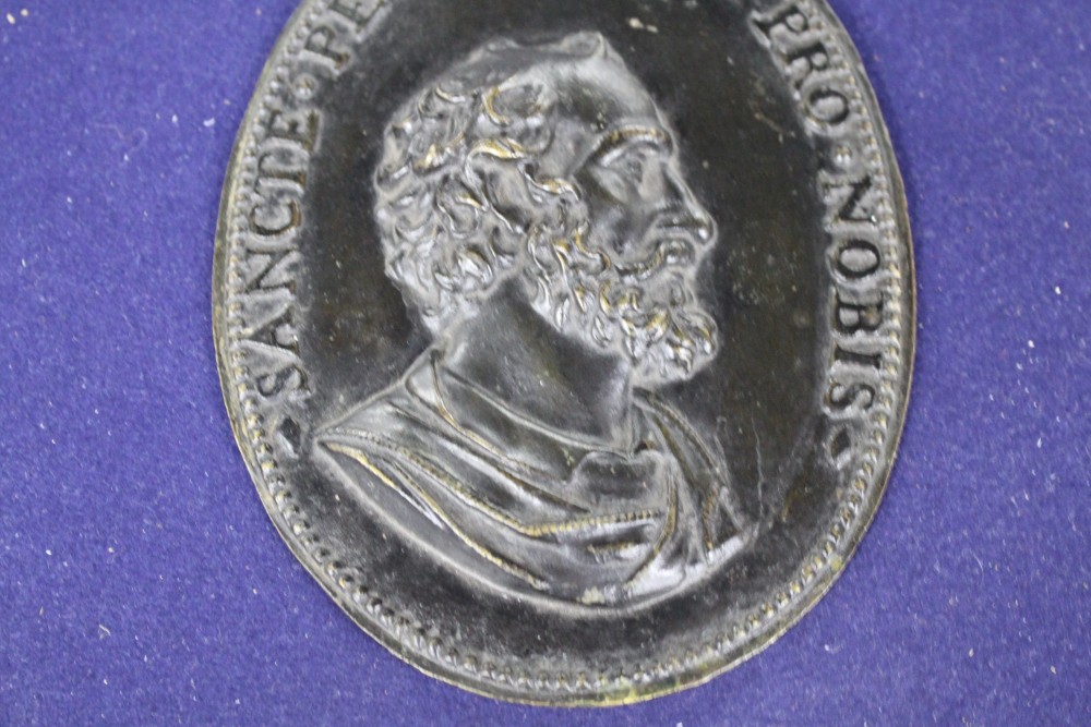 A 19th century Italian bronze plaque of St Peter, inscribed Fancte.Petre.Ora.Pro.Nobis, 19 x 14cm